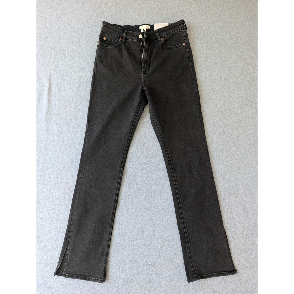 HM Jeans Womens High Waist Flare Split Hem Black Washed Denim Size 12 NEW